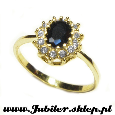 Sklep jubiler, biżuteria złota, Złoty pierścionek z s/czarnym kamieniem i  cyrkoniami 0,585, PZ-SZ-100